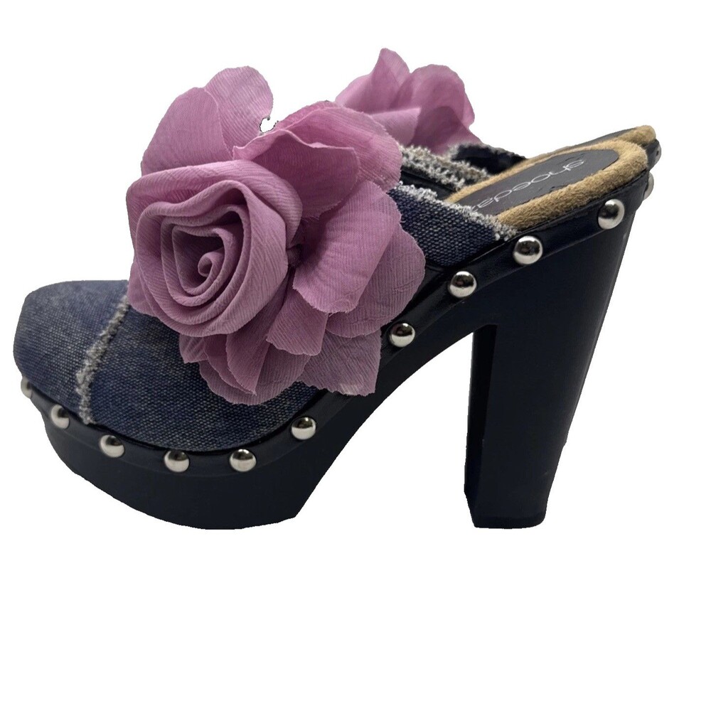 ShoeDazzle Women’s Denim Floral Platform Heels Open Toe Studded Mules Sz 7 - Picture 7 of 12